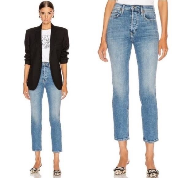 Re/Done Denim - Re/Done High Rise Ankle Crop Jeans Worn Indigo Button Fly Skinny Denim Size 26